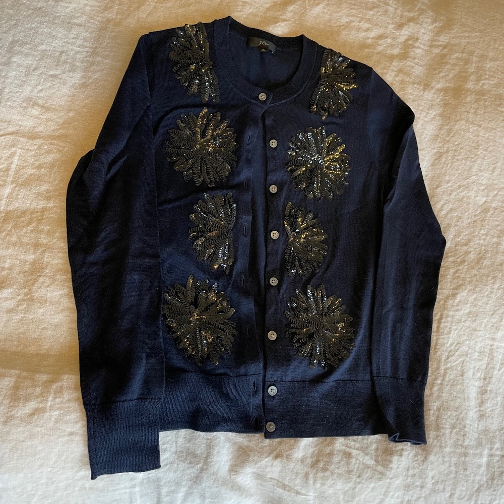 NWOT J.Crew Merino Cardigan with Sequins - Navy Blue - S